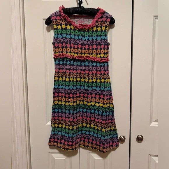 Girls 10/12 Pink Peace Sign Dress Y2K Retro Groovy Summer Stretch - Picture 1 of 3